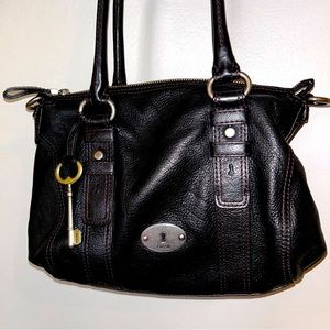 Fossil Maddox Black Leather Long Hobo Satchel Tote Purse Long Live Vintage 1954